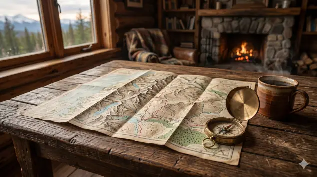 Una taza de café caliente sobre un mapa topográfico desplegado en una mesa de madera