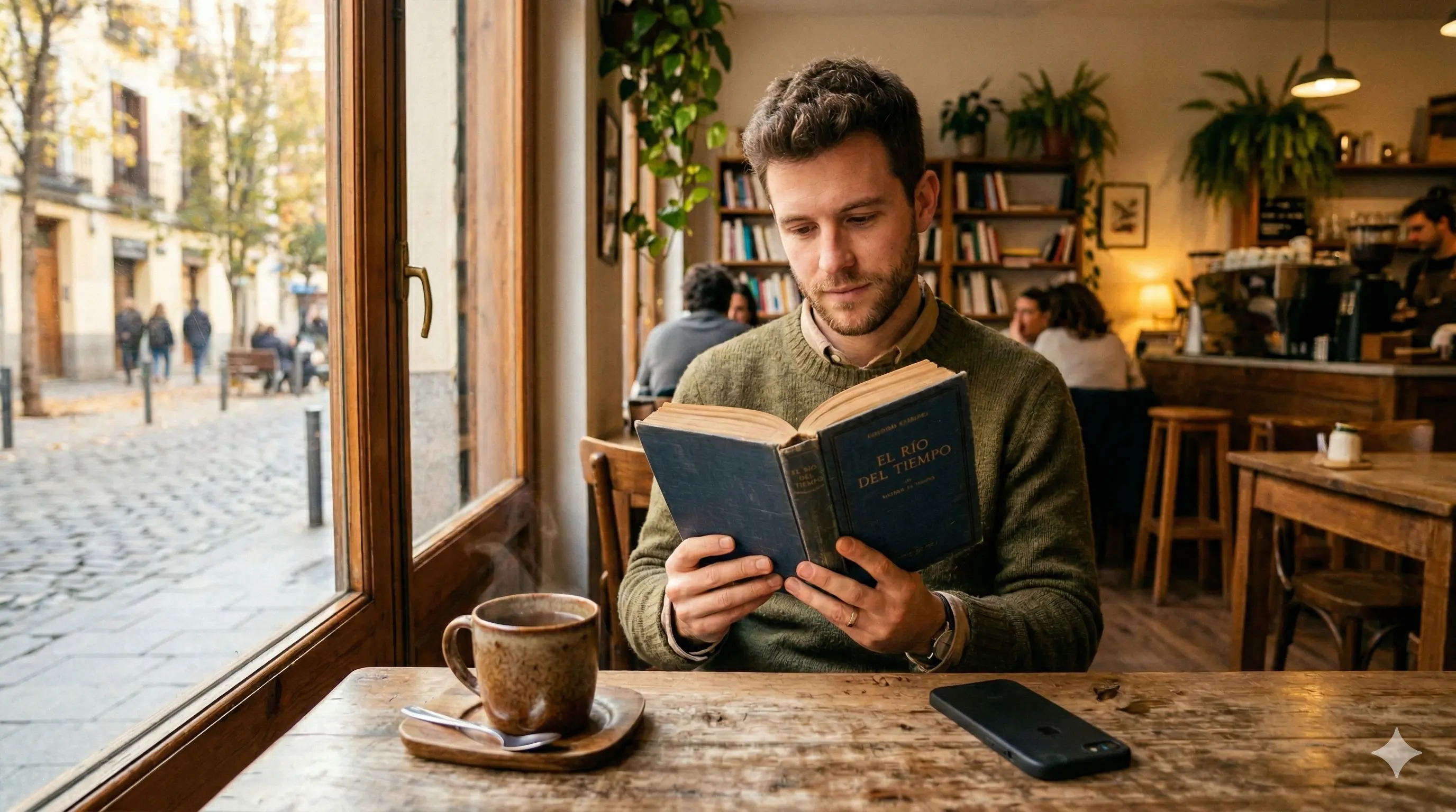 Persona leyendo tranquila con un té, móvil apagado en la mesa