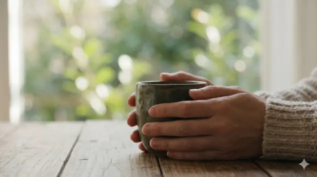 Persona observando pacíficamente por una ventana iluminada con una taza de café