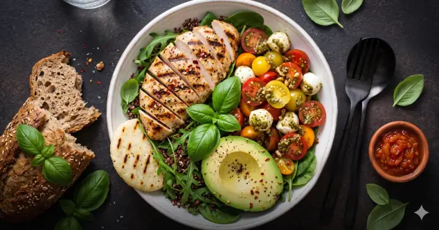 Cena ligera y equilibrada con ingredientes frescos en ambiente tenue