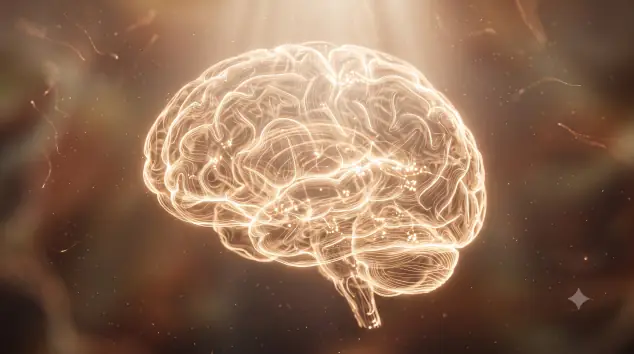 Cerebro abstracto compuesto por conexiones luminosas en tonos ámbar y azul