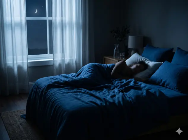 Persona descansando plácidamente en una cama cómoda con iluminación azulada suave