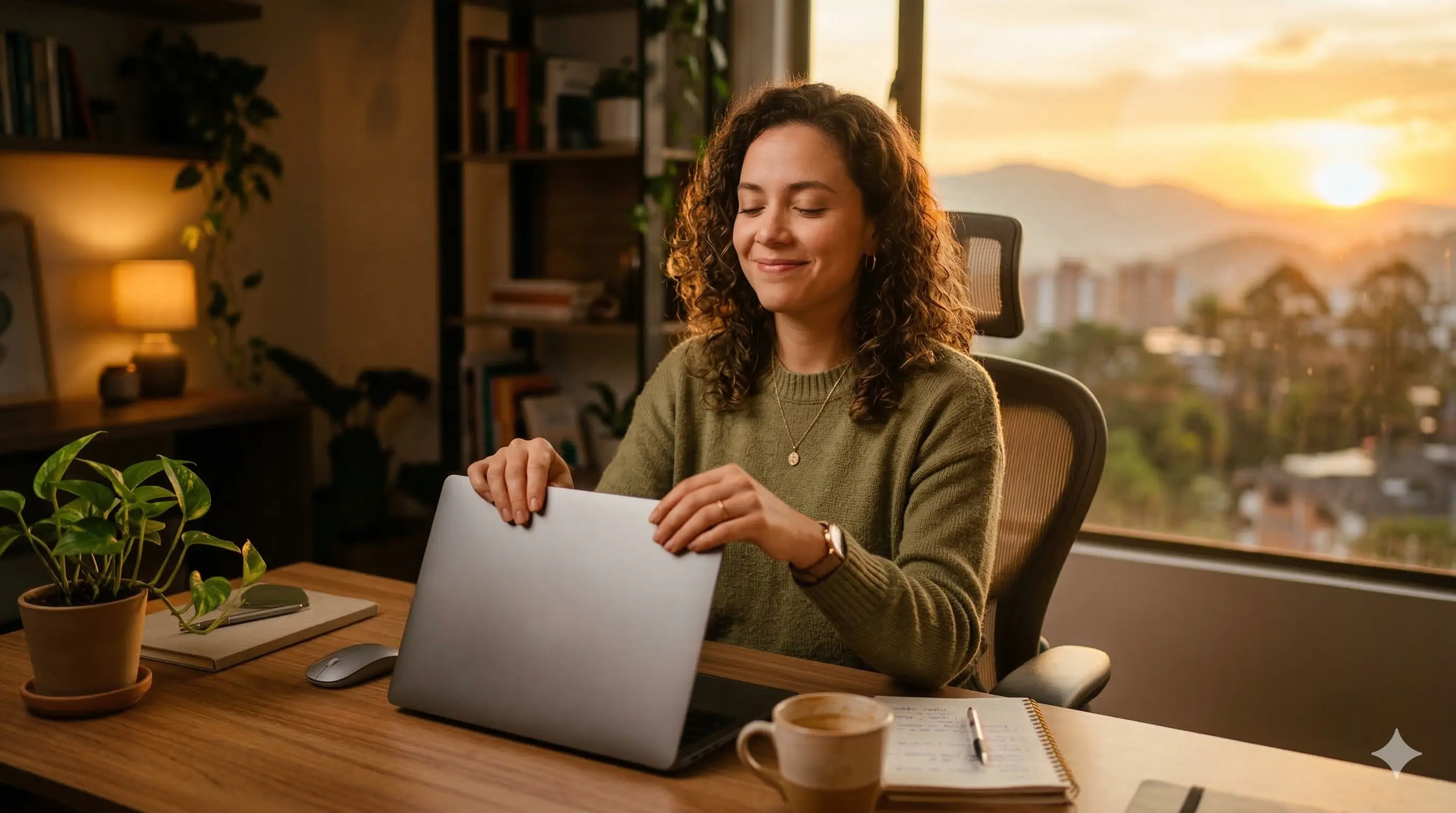 Persona cerrando su computadora portátil con expresión serena al final de la tarde