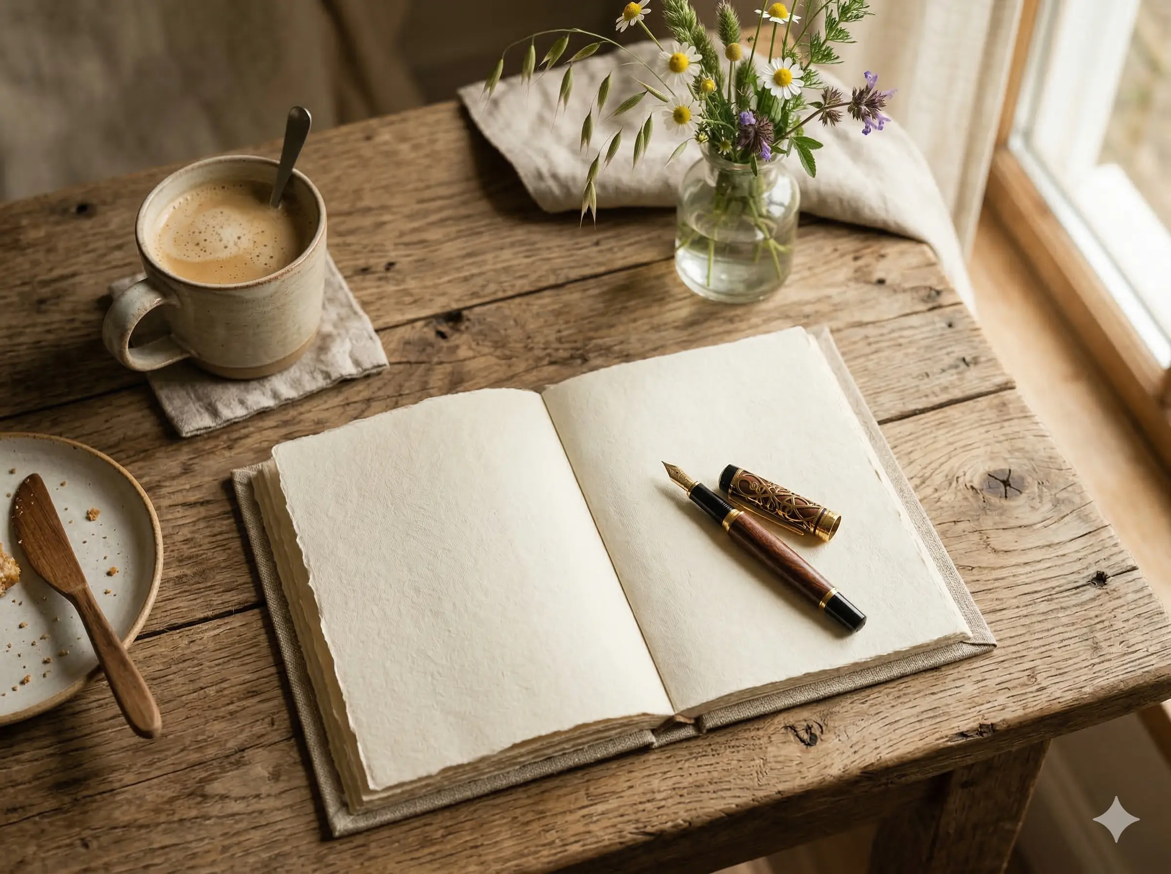 Cuaderno de lino abierto con una pluma sobre una mesa de madera rústica