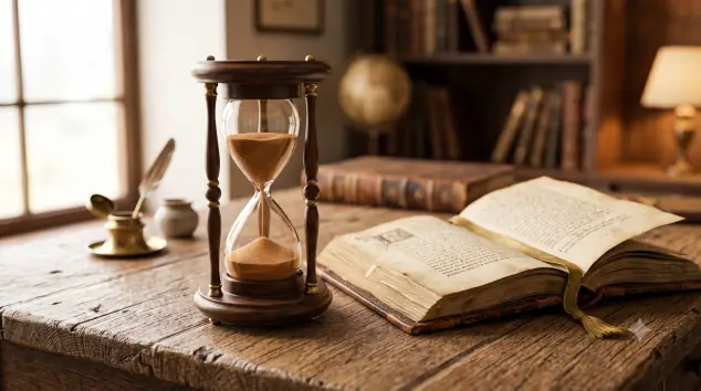 Reloj de arena junto a un libro abierto en un ambiente sereno