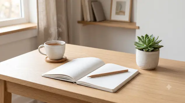 Escritorio de trabajo limpio con un cuaderno y una planta, libre de dispositivos electrónicos