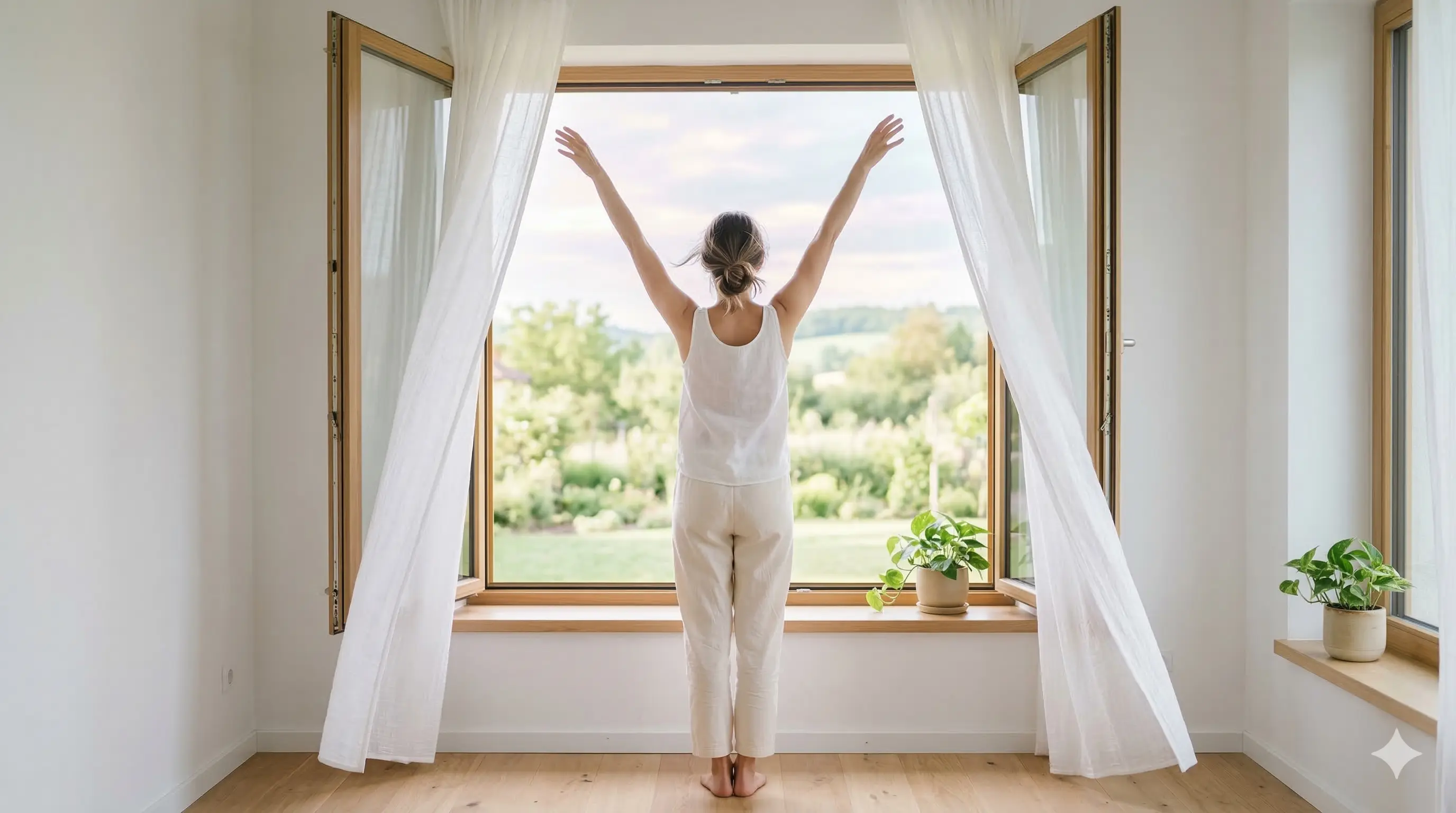 Mujer estirándose suavemente frente a una ventana iluminada por el sol matutino