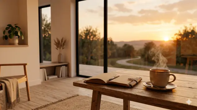 Ambiente sereno de una habitación en penumbra con luz cálida