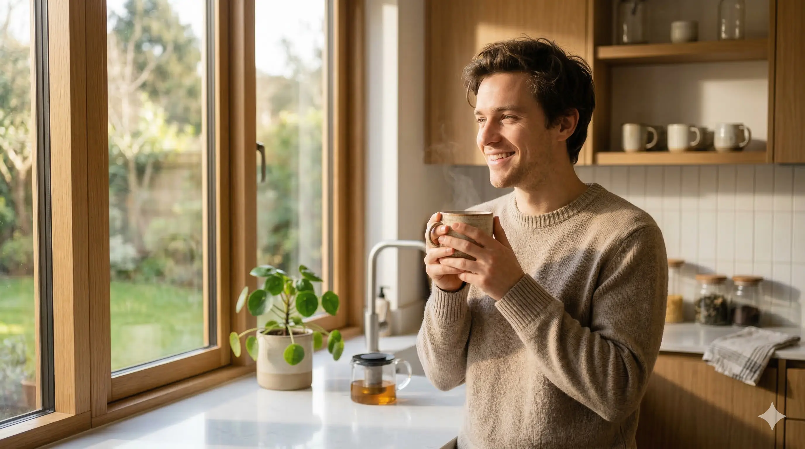 Persona sonriendo relajada tomando té caliente junto a una ventana con luz natural