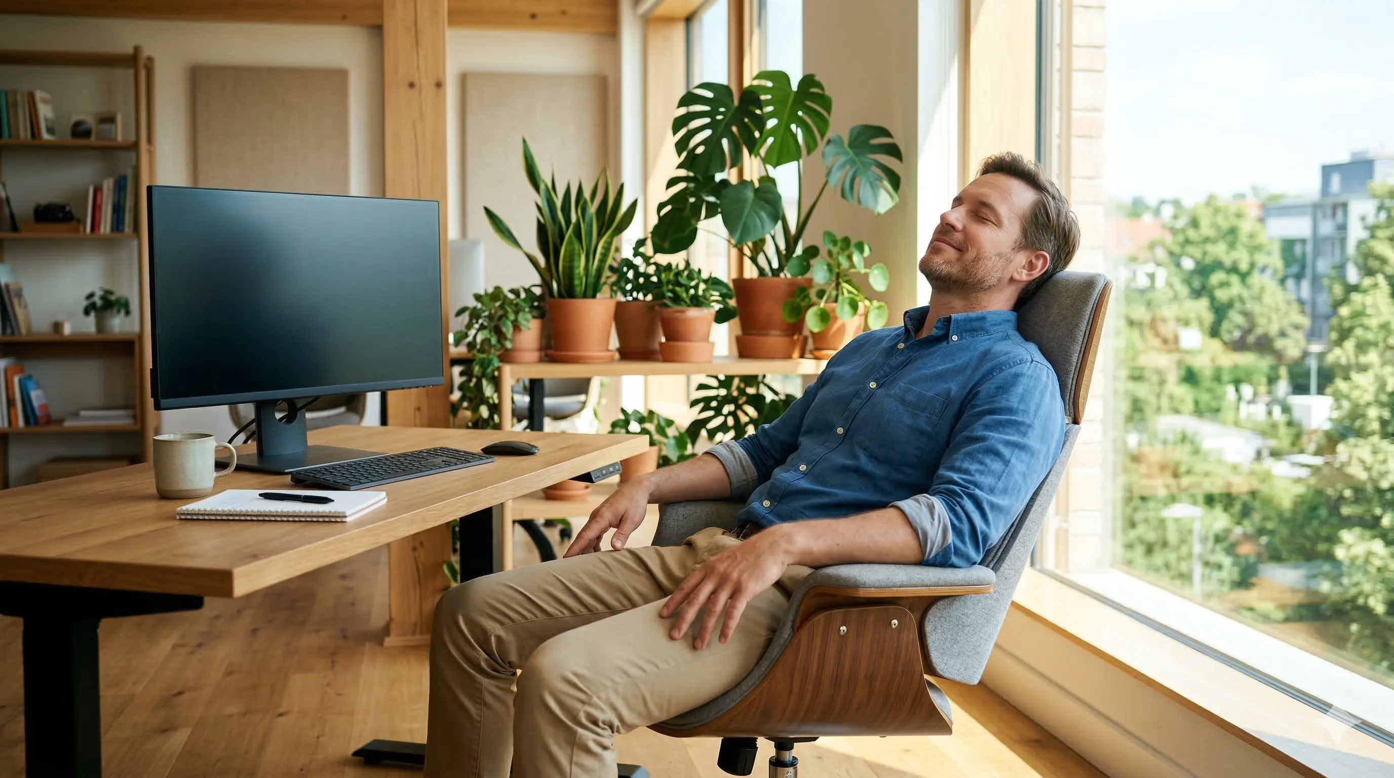 Hombre en una oficina moderna tomando una pausa con los ojos cerrados frente a su escritorio