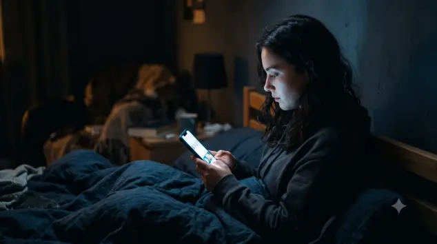 Persona joven absorta en su smartphone en la penumbra