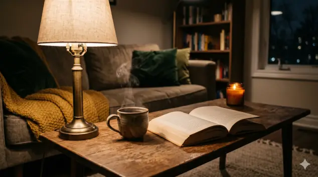 Persona leyendo un libro junto a una taza de infusión bajo luz cálida