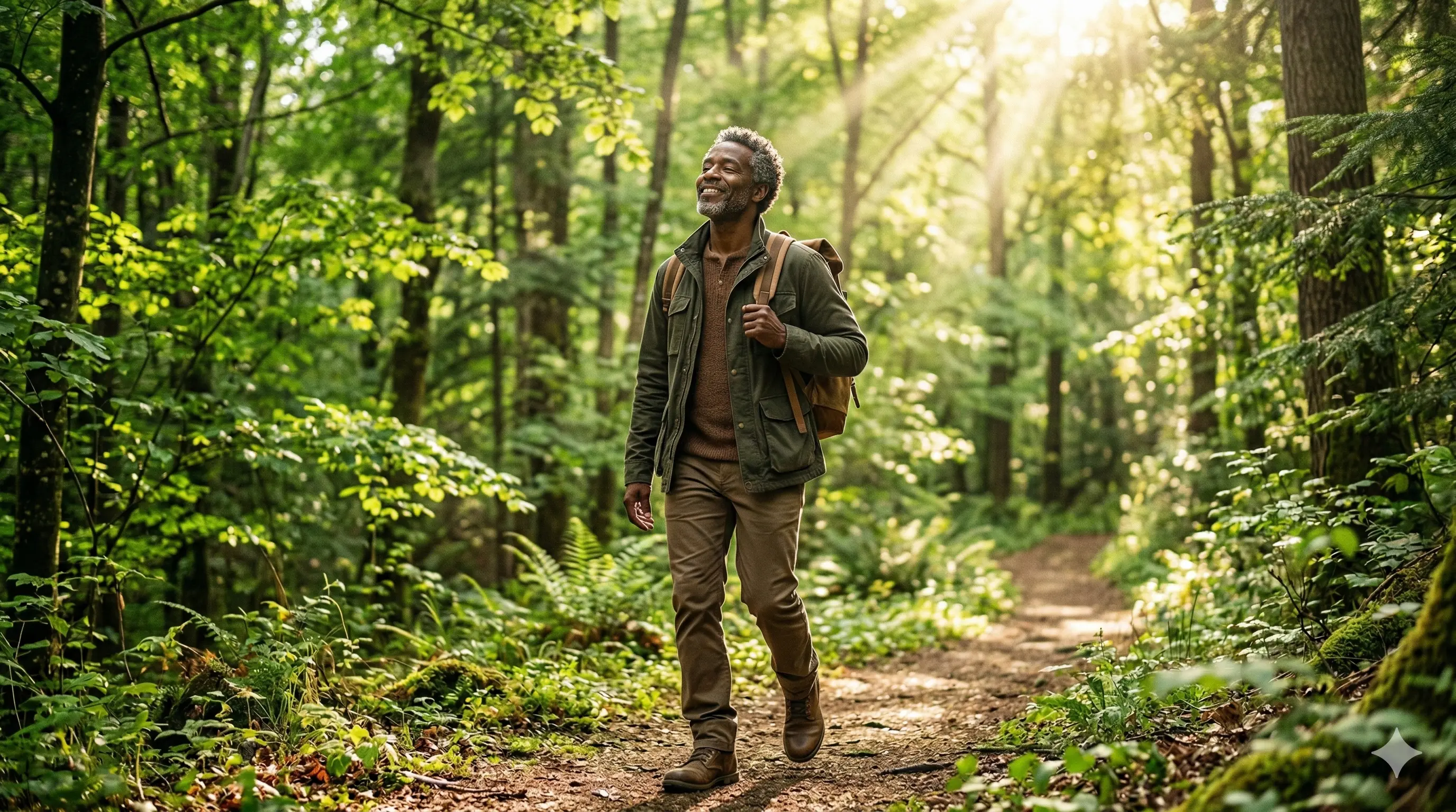 Hombre maduro sonriendo mientras camina por un bosque frondoso