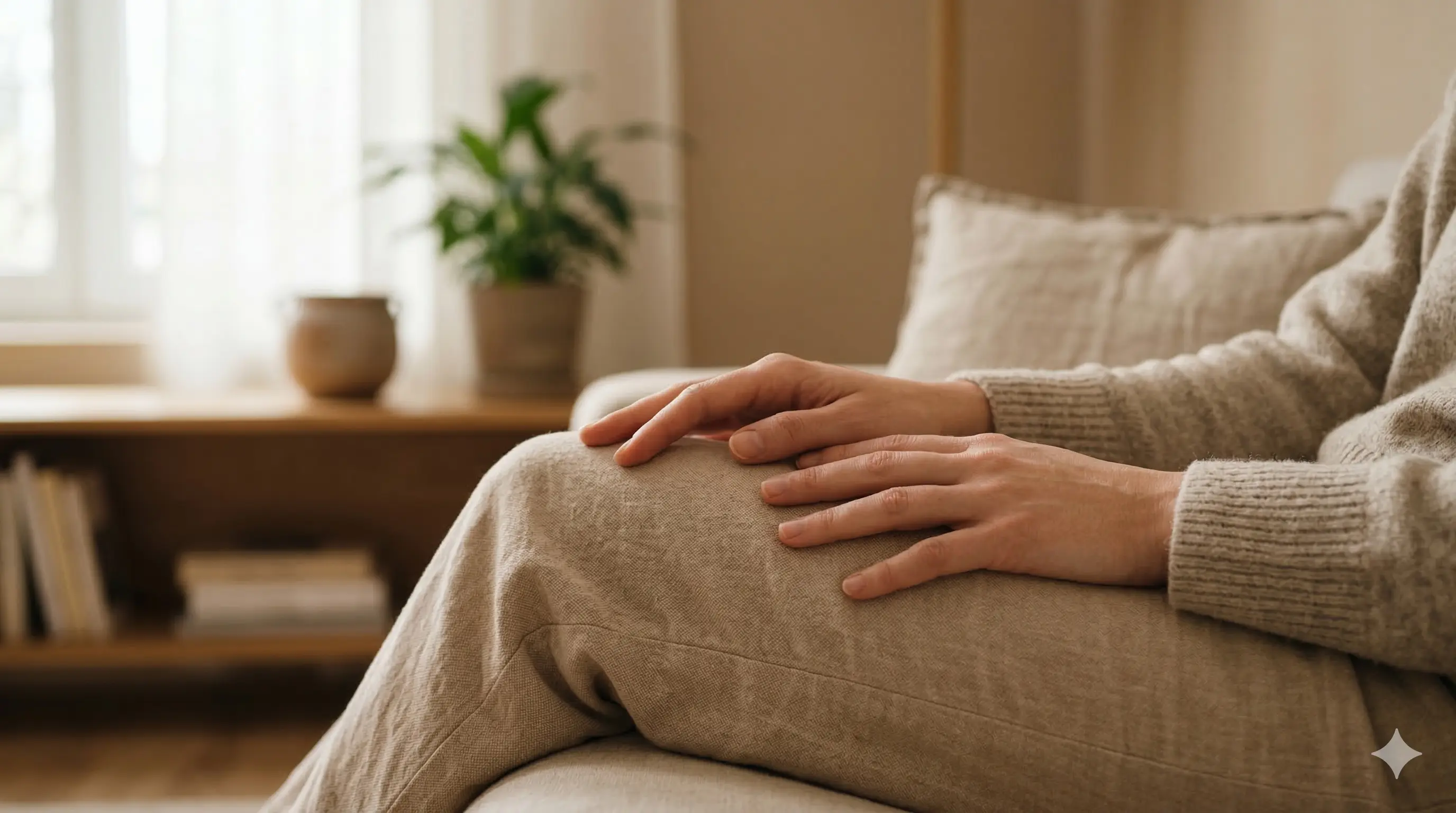 Manos reposando suavemente sobre las rodillas de una persona sentada cómodamente