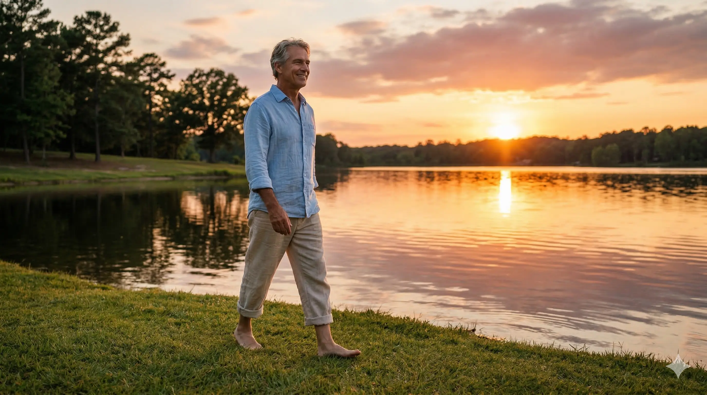 Persona caminando lentamente por un bosque iluminado por el sol