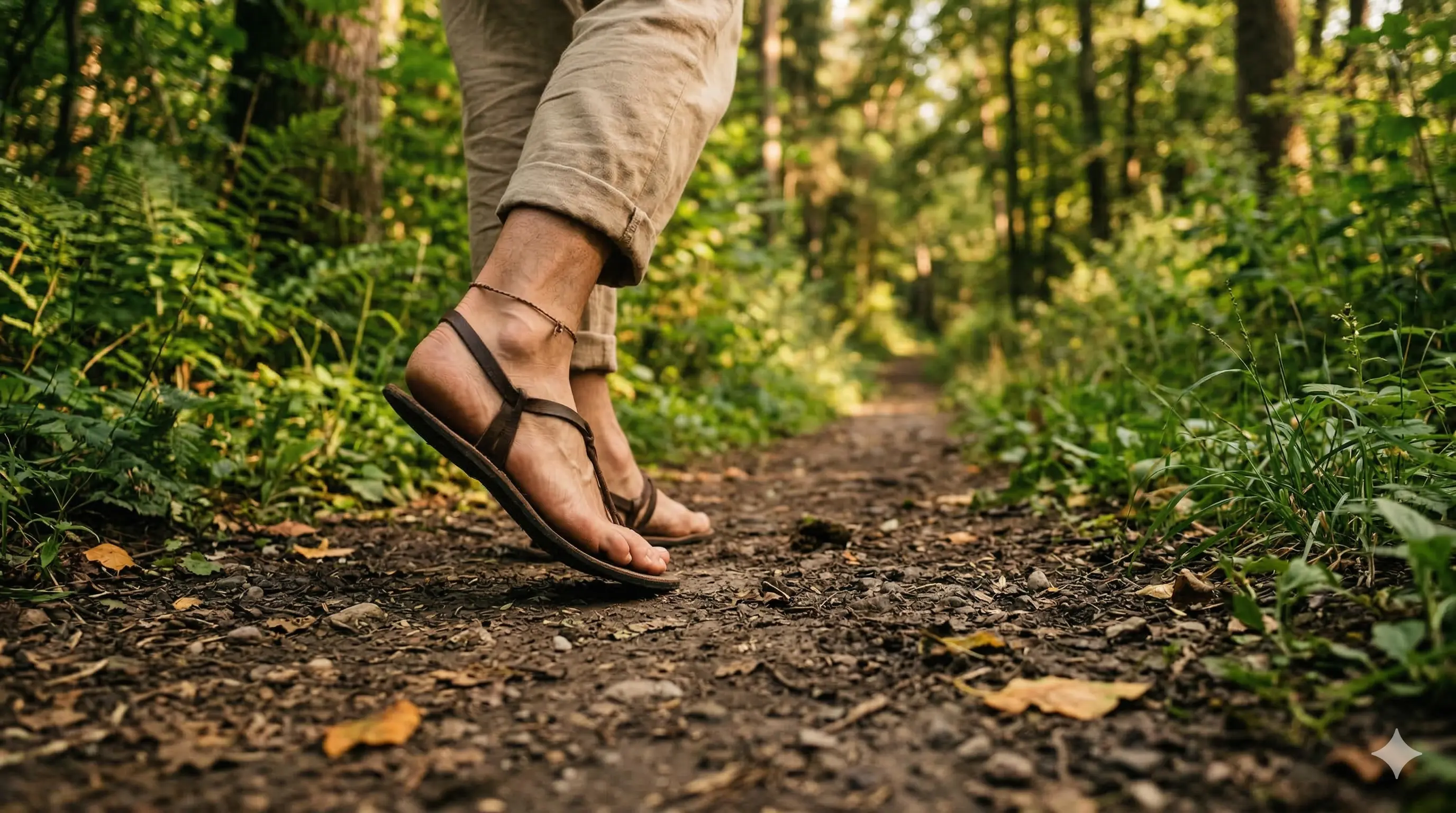 Primer plano de pasos conscientes sobre un sendero de tierra