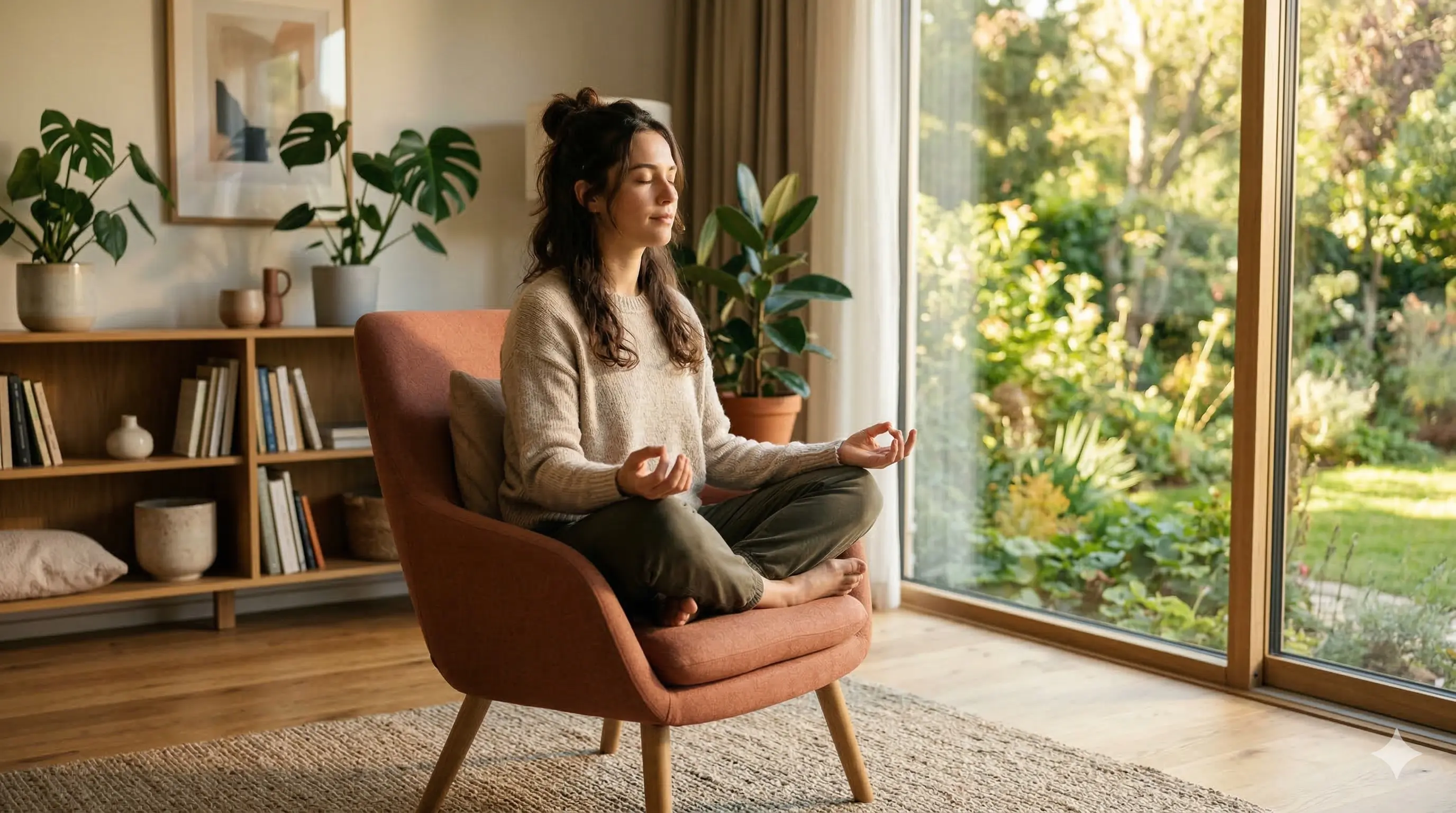 Mujer joven meditando en un sillón cómodo con luz de mañana entrando por la ventana