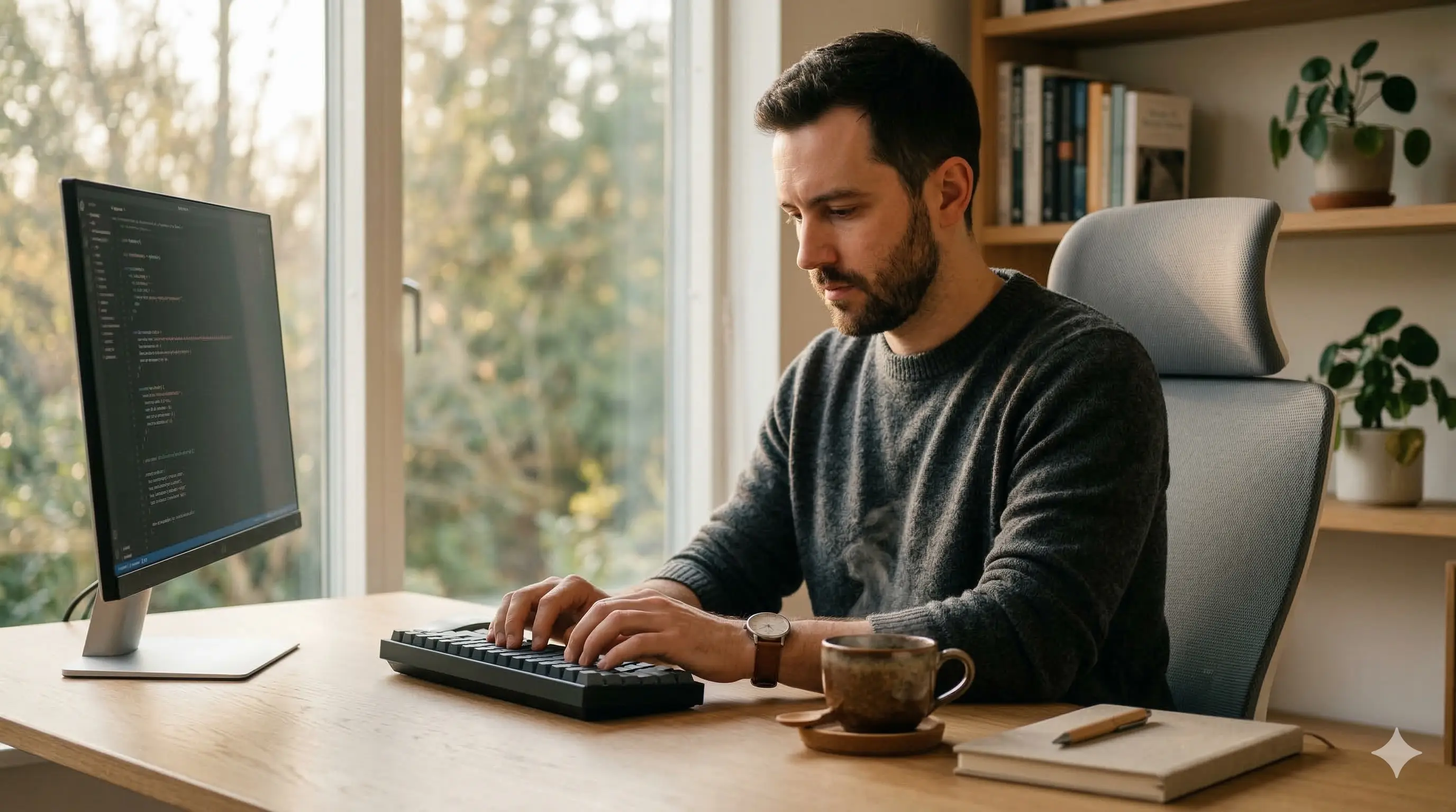 Hombre trabajando enfocado en una sola tarea frente a su computadora