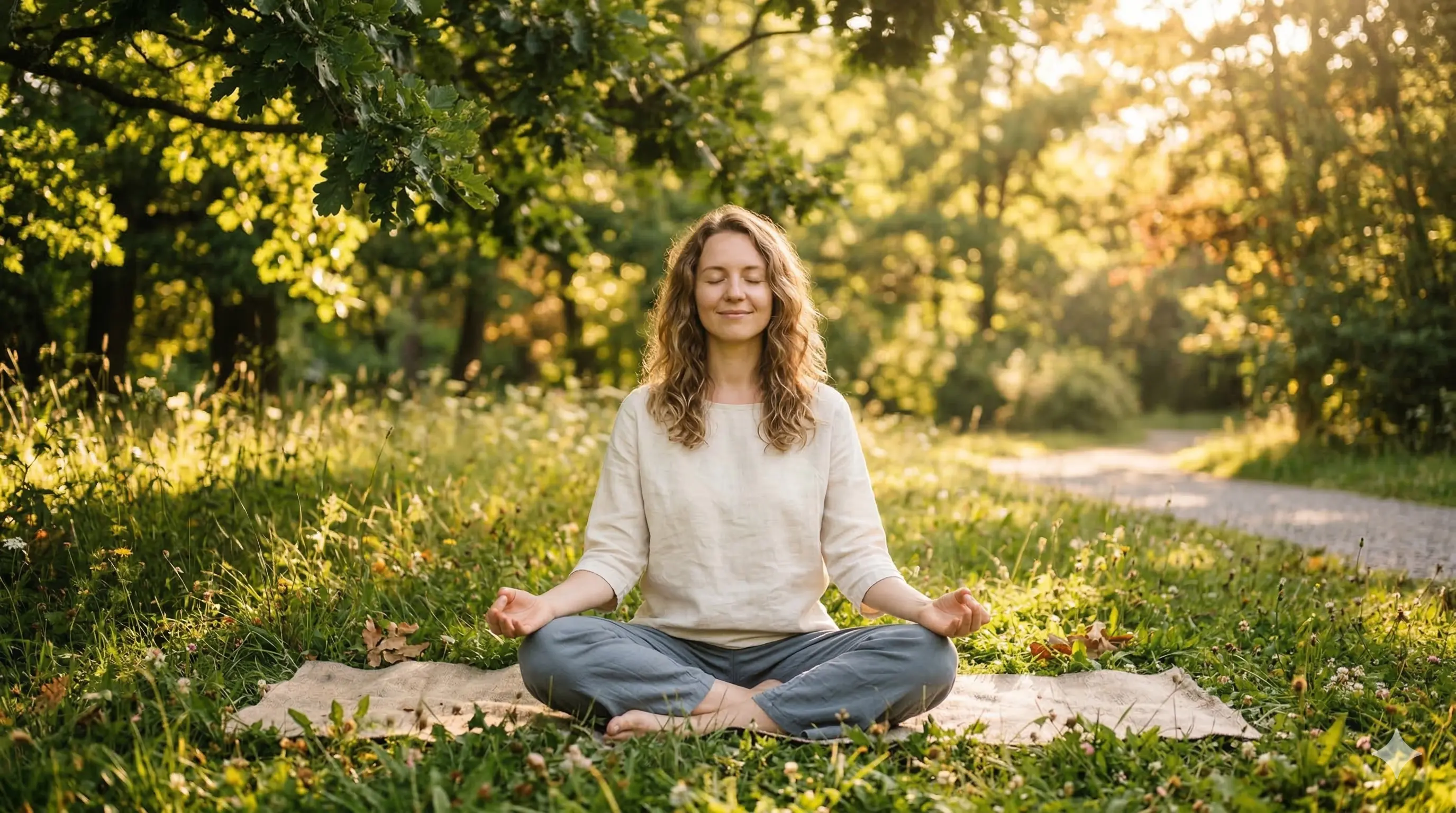 Mujer joven con los ojos cerrados respirando tranquilamente en un parque luminoso