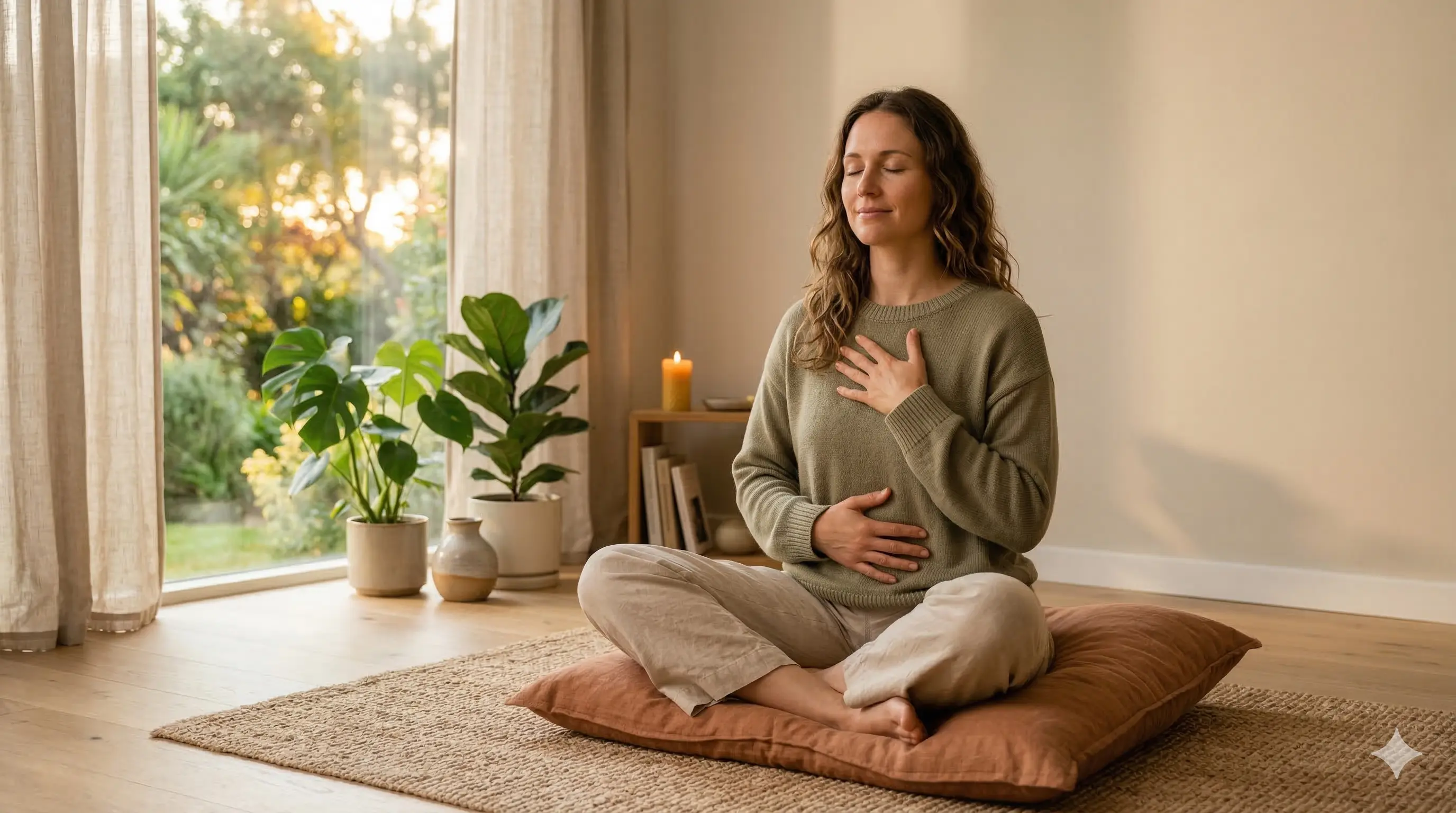 Detalle de una mujer sentada en posición relajada con las manos sobre su abdomen practicando respiración