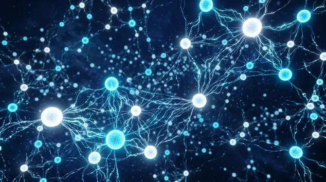 Visualización de una red neuronal compleja y nodos brillantes