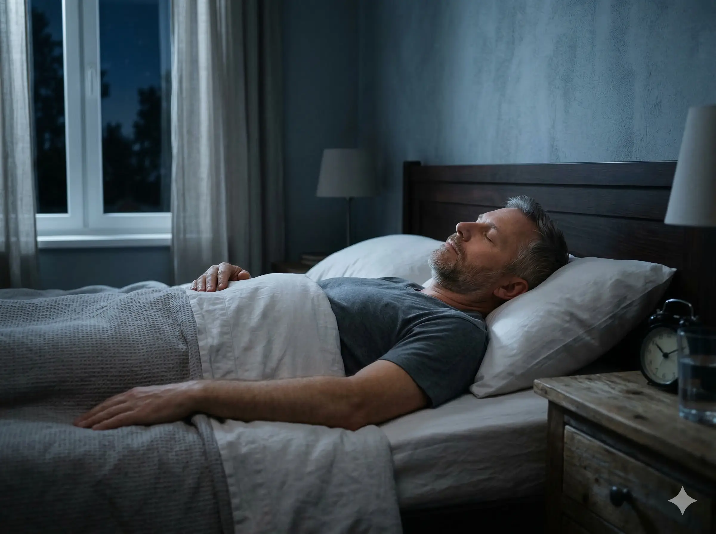 Hombre relajándose en su cama con luz tenue