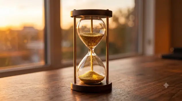 Reloj de arena digital brillante sobre un escritorio