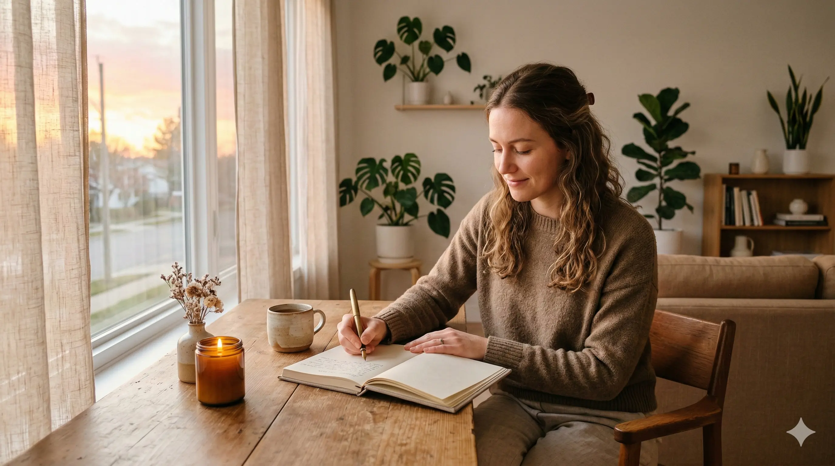 Mujer escribiendo en un diario en un entorno minimalista y luminoso