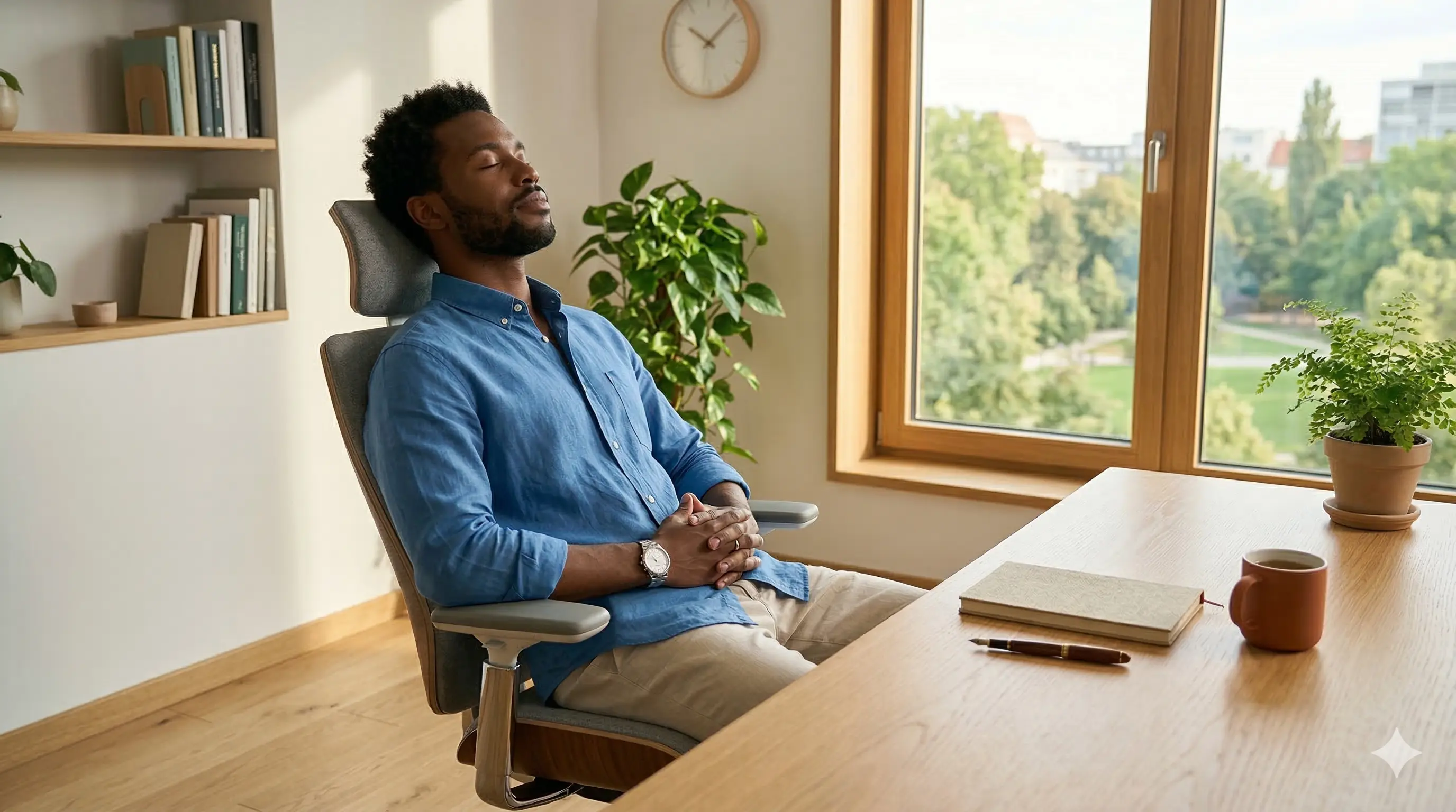 Hombre joven con los ojos cerrados respirando profundamente en un espacio de trabajo iluminado