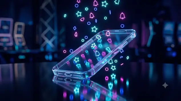 Persona sosteniendo un smartphone del que emergen símbolos brillantes similares a un casino