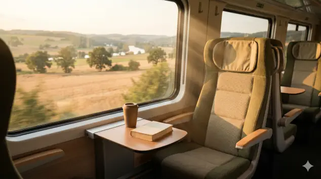 Asiento de tren vacío iluminado por la luz dorada del atardecer